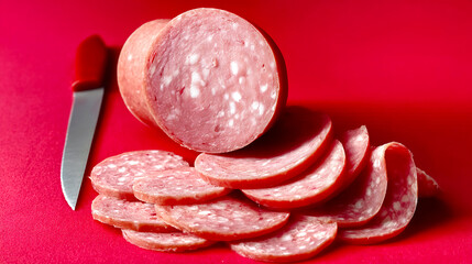 Delicious fresh slices mortadella sausage on red background with knife. Italian cuisine meat specialty