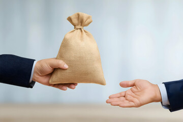 A person hands over a burlap sack to another outstretched hand, symbolizing giving or receiving money, payment, or a transaction.