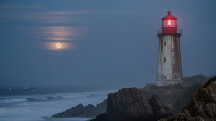 Lighthouse on a foggy moonlit coastline at night