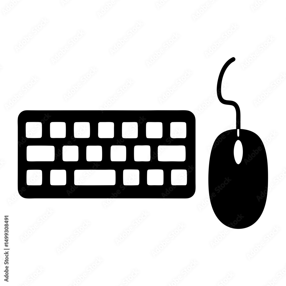 Poster black and white illustration of a keyboard and mouse for computing tasks