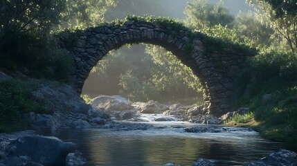 Fototapeta premium A serene stone bridge arches over a tranquil stream, surrounded by lush greenery and mist.