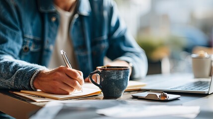 Young entrepreneur working with notebook and coffee