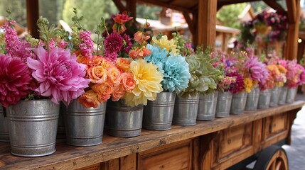 Obraz premium Flower Power: A colorful assortment of fresh-cut flowers displayed in a row of galvanized steel buckets adds charm and beauty to this rustic flower cart.