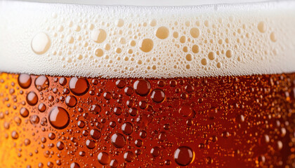 Close up of frothy root beer with bubbles and condensation on glass surface