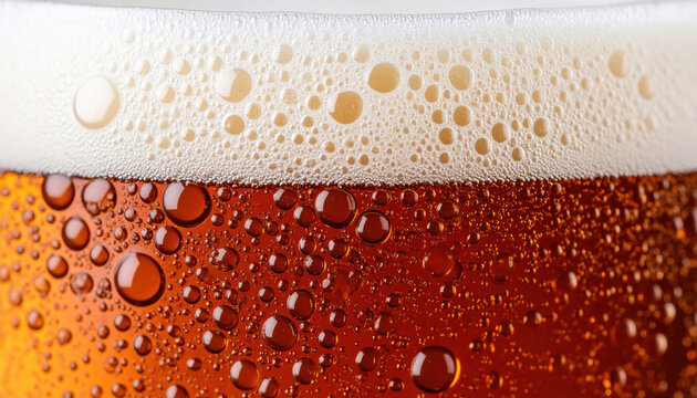 Close up of frothy root beer with bubbles and condensation on glass surface