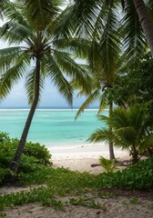 Obraz premium Tropical Beach Scene with Turquoise Water and Palm Trees