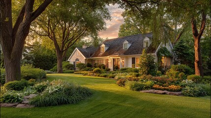 Fototapeta premium Idyllic Residence: A picturesque house nestled in lush greenery, exuding warmth and serenity. Manicured lawns and flowering gardens complete the inviting scene.
