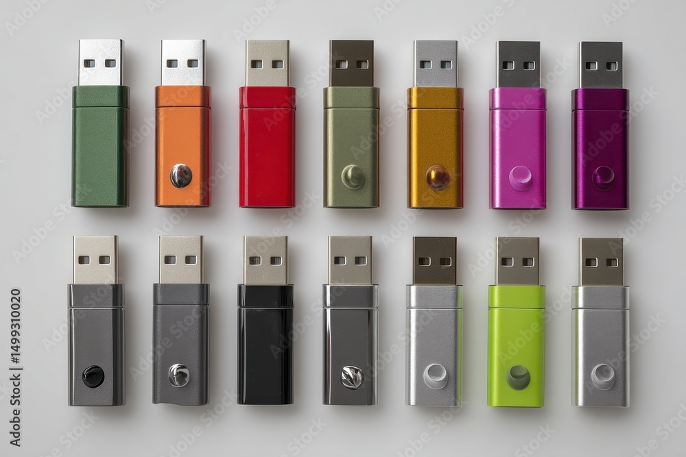Poster colorful usb flash drives arranged in rows on a white surface, offering a vibrant and modern display