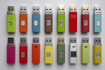 Colorful USB flash drives arranged in a neat grid, showcasing a diverse range of designs and vibrant hues, perfect for data storage and transferring files.