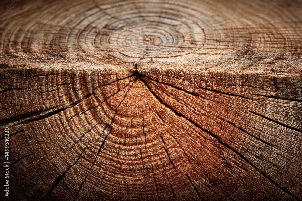 Poster detailed close-up view of a tree trunk showing age rings and wood grain texture, with intricate patt