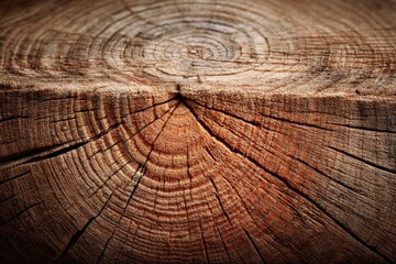 Fototapeta premium Detailed close-up view of a tree trunk showing age rings and wood grain texture, with intricate patterns and natural color variations, perfect for background use.