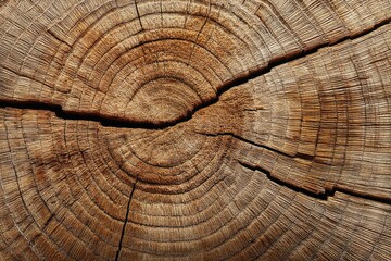Fototapeta premium Close-up shot of a tree trunk cross section reveals concentric growth rings and cracks, showing the passage of time in this natural wooden texture, brown and tan tones.