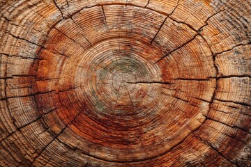 Naklejka premium A detailed close-up reveals the intricate growth rings of a felled tree, showcasing its age and the history it holds, with textured bark and natural cracks.