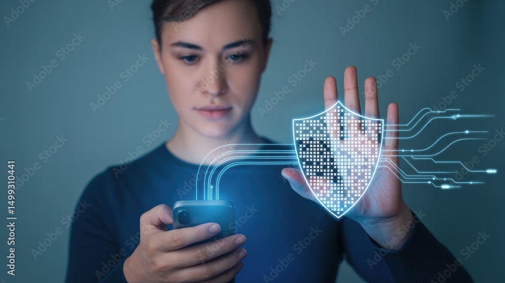 Poster a woman holds a smartphone while displaying a digital security shield.