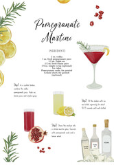 vector, cocktail recipe, Pomegranate Martini, cocktail card, bar menu, cocktail, drink menu, for cocktail book, cocktail menu, alcoholic drinks, beverage, watercolor, bar cocktails 