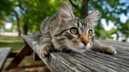 Captivating feline gazes intensely while perched on weathered wooden table