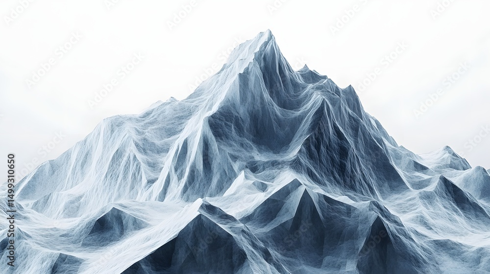 Poster a digitally rendered mountain range covered in snow and ice against a white cloudy background