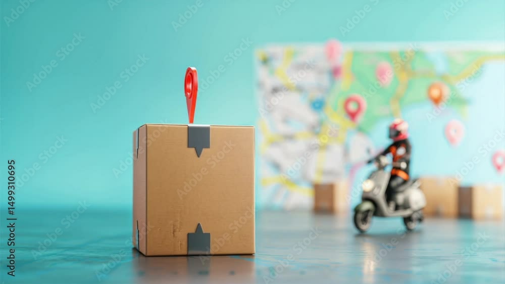 Poster a delivery box with a location pin against a backdrop of a map, illustrating transportation and logi