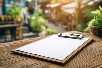 A wooden clipboard with a blank sheet of paper sitting on a rustic wooden table, with a blurred background of outdoor greenery and warm sunlight, creating a cozy atmosphere.