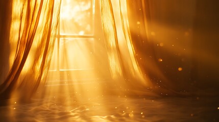 Sunlight streaming through sheer curtains, creating a warm, ethereal atmosphere.