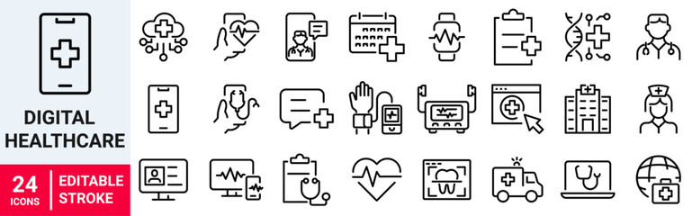 Fototapeta premium Digital healthcare and telemedicine web line icons. editable stroke. vector illustration. 