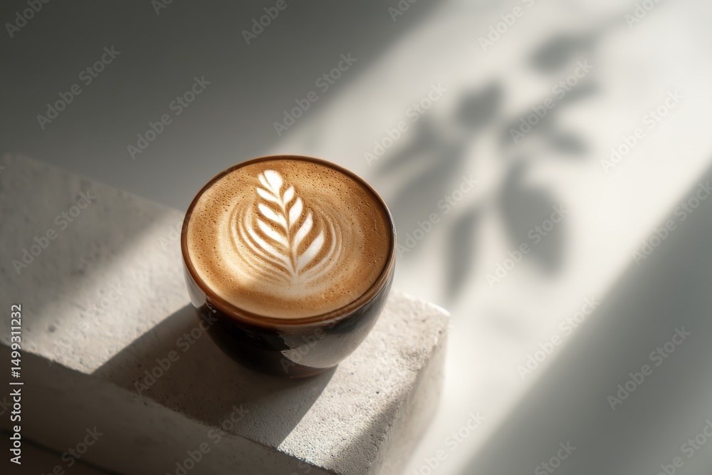 Poster top-down view of a cappuccino with latte art in a white cup on a white table, casting a soft shadow 
