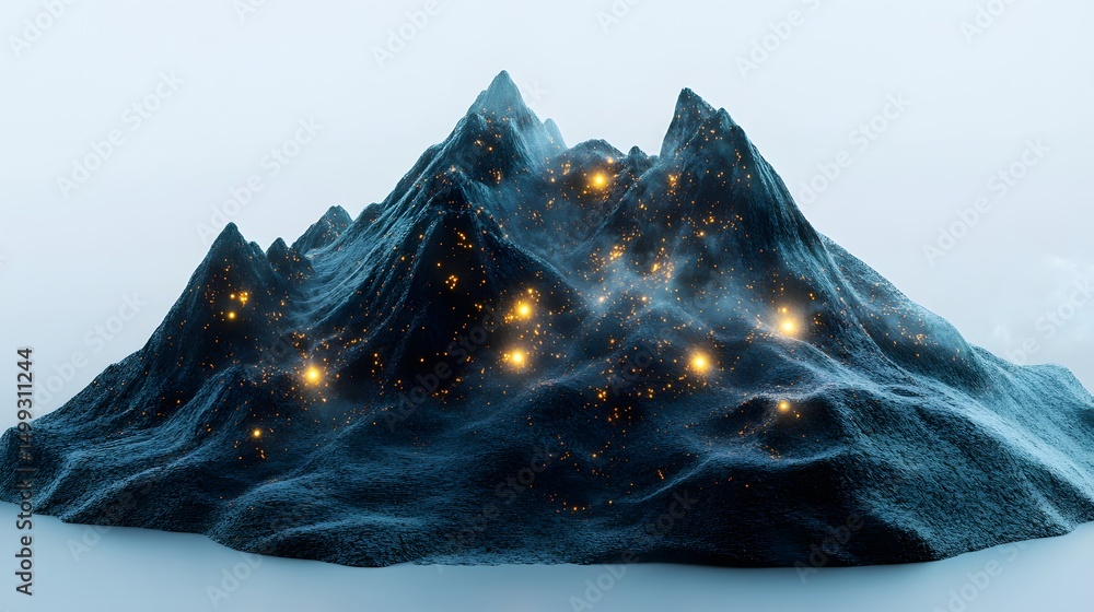 Poster a digital rendering of a mountain range with glowing lights scattered across the surface and misty h