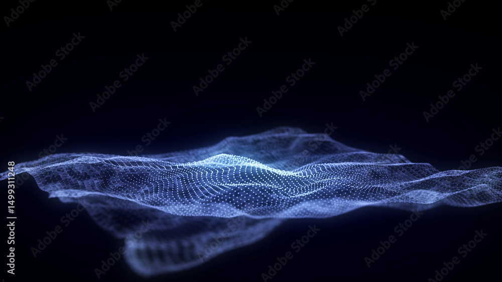 Poster abstract technology wave of particles and lines. big data visualization. background with motion dots