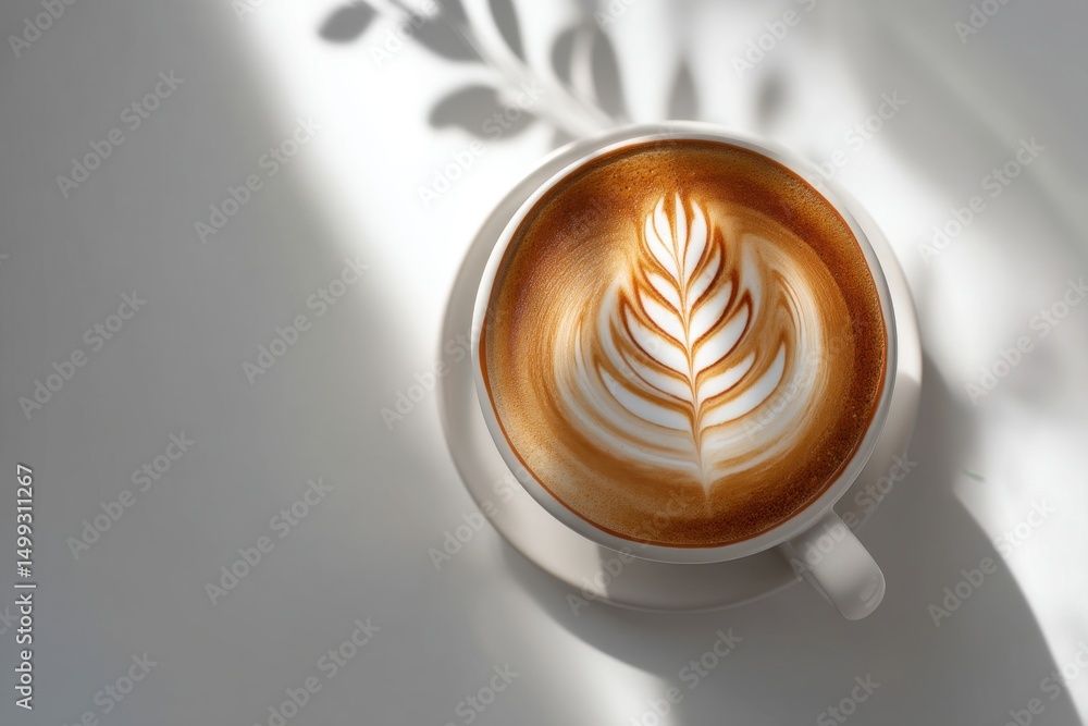 Poster top-down view of a cappuccino with latte art in a white cup on a white table, casting a soft shadow 