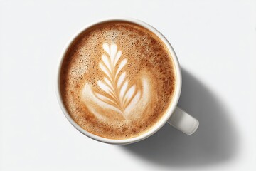 Overhead shot of a creamy latte art coffee, perfect for a morning start, placed on a plain white background with a clean aesthetic and a minimalist style.