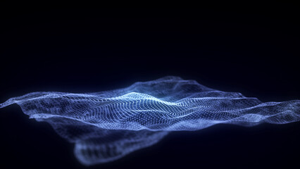 Abstract technology wave of particles and lines. Big data visualization. Background with motion dots. Artificial intelligence.