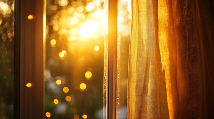 A warm sunset shines through a curtain, creating a cozy atmosphere with glowing lights.