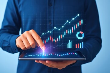 Businessman Using Tablet with Holographic Growth Analytics Charts