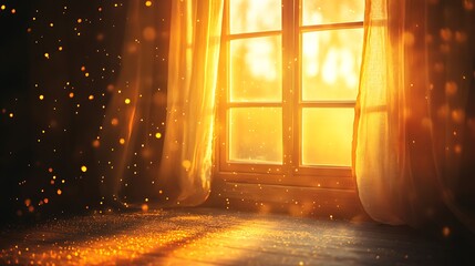 A sunlit window with soft curtains, creating a warm, serene atmosphere filled with particles.