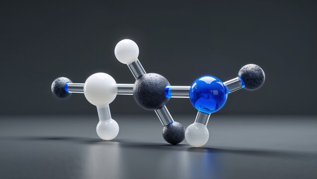 Realistic HCN molecule: linear arrangement&mdash;small translucent-white hydrogen, graphite-gray carbon, cobalt-blue nitrogen with triple bond.