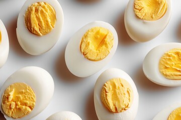 Overhead close-up shot showcasing hard-boiled eggs cut in half, arranged on a clean white background, revealing vibrant yellow yolks and smooth egg whites.
