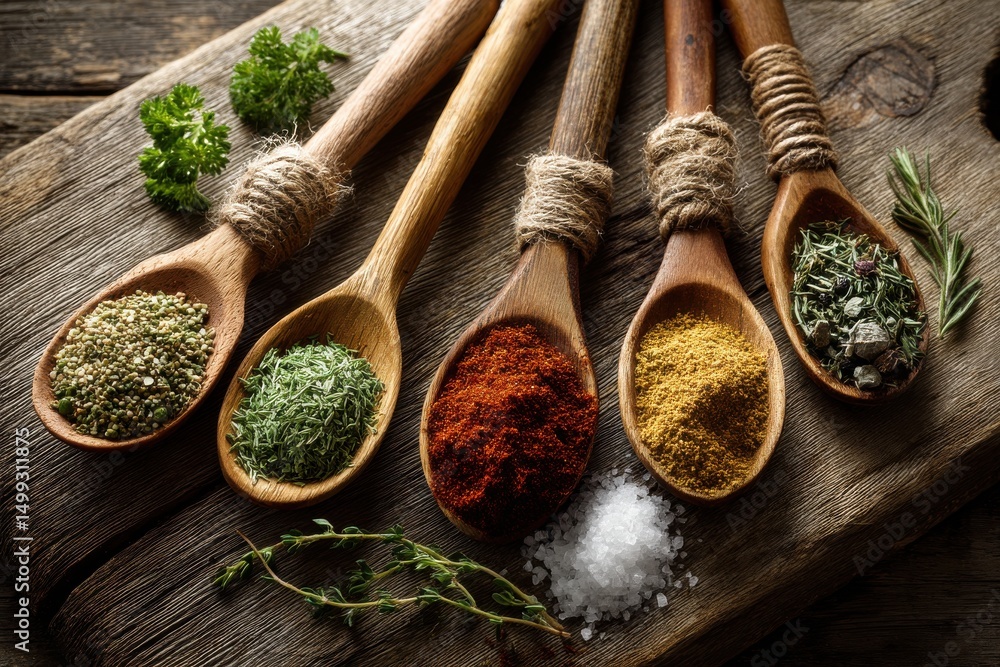 Poster an artistic arrangement of various spices in wooden spoons on a rustic wood surface, creating an inv