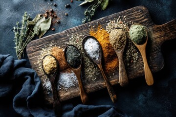 Various types of spices in wooden spoons on a dark background, with herbs, for culinary use, adding flavor, for cooking and presentation, viewed from above, delicious.