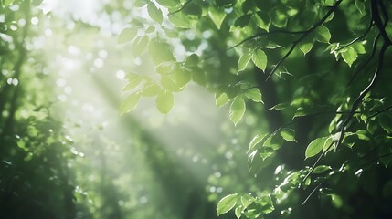 Sunlight filtering through lush green leaves in a serene forest setting.