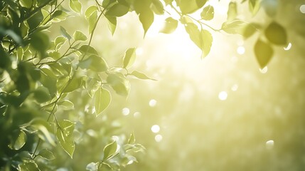Sunlight filtering through green leaves, creating a serene and peaceful atmosphere.