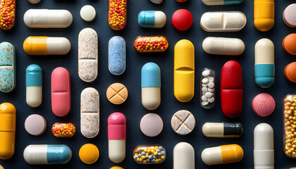 An overhead view shows assorted pills and capsules of different colors arranged neatly against a dark background