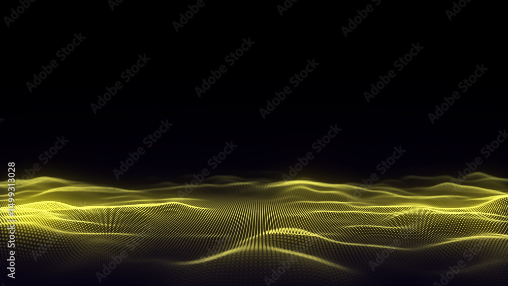 Fototapete Futuristic technology wave. Digital cyberspace. Abstract wave with moving particles on background. Big data analytics. 3d rendering.