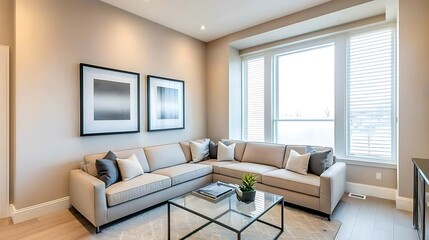 Living room with a couch, coffee table, and two pictures on the wall