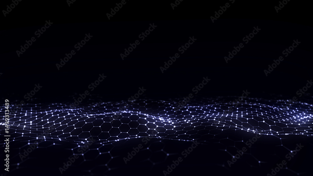Wall mural futuristic hexagon wave. dark cyberspace. abstract wave with dots and line. blue moving particles on