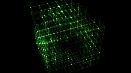 Network connection structure in the form of a cube. Technology connect big data. Science background. Abstract geometric 3D objects. 3D rendering.