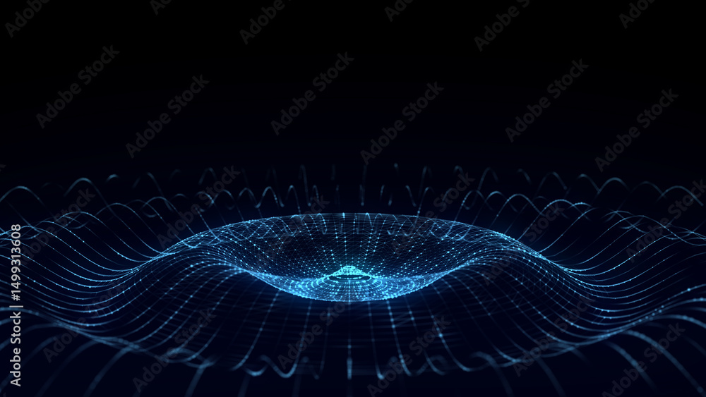 Poster futuristic wave. dark cyberspace. abstract music sound wave with dots. blue moving particles on a bl