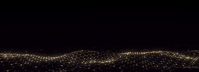 Futuristic hexagon wave. Dark cyberspace. Abstract wave with dots and line. Blue moving particles on background. 3d rendering.