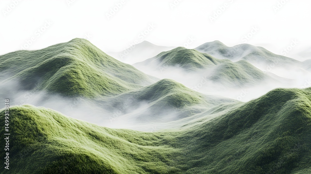 Poster a scenic view of rolling green hills partially obscured by a layer of low lying fog and white sky ab