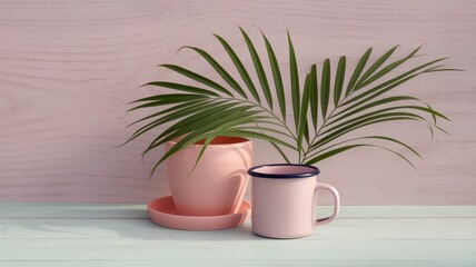 Minimalist Arrangement: Palm Leaf, Pink Pot, and Enamel Mug for Tranquil Decor