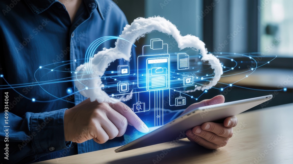 Poster a person interacts with a cloud computing diagram on a tablet.